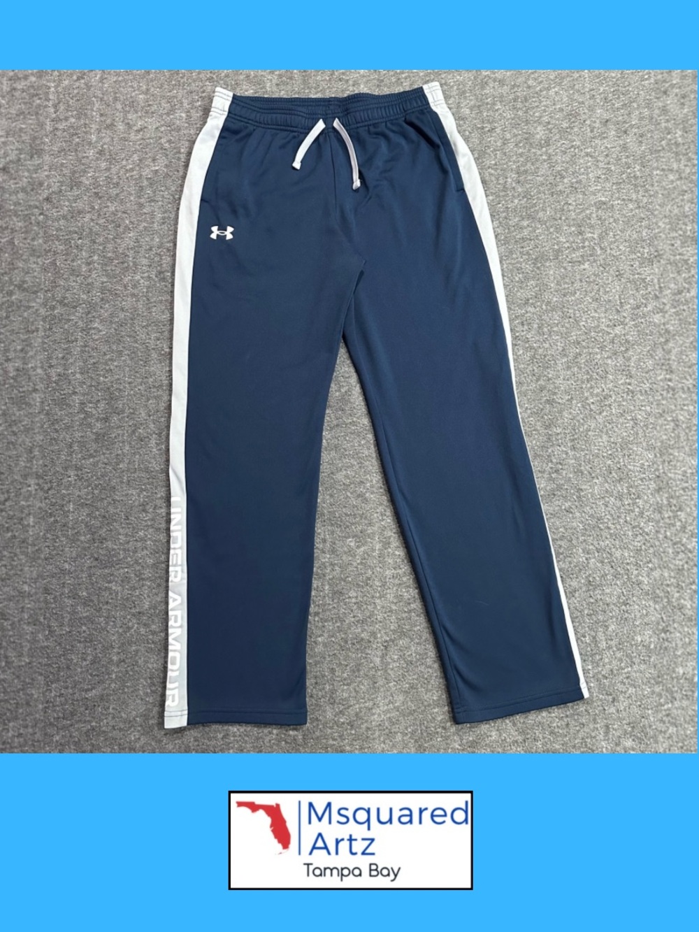 Under Armour Boys YXL Navy Blue Loose Fit Athletic Track Pants White Logo Stripe
